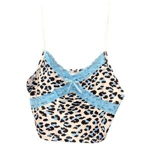 Leopard Print Cami Crop‎ Top Blue Lace Trim Sleeveless Tank Cute Size Small